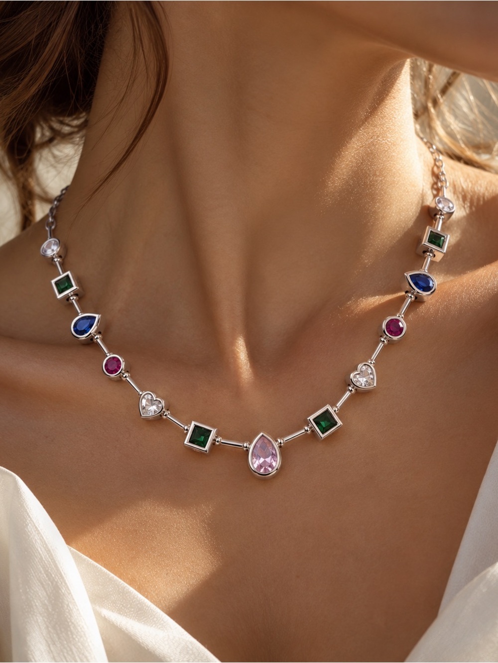 Multicolor Jewel Tone Geometric Necklace | Silver Tone